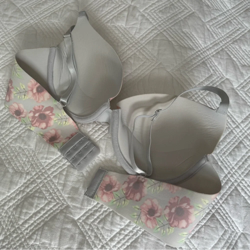Vince Camuto Gray & Pink Floral Lightly Lined Floral Push Up Bra 36B EUC